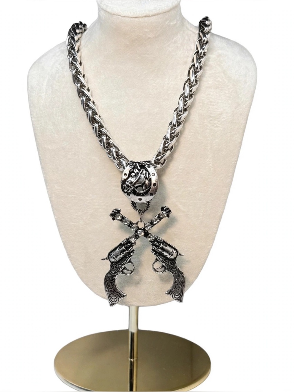 Dueling Pistols Silver Chunky Necklace • Western Horseshoe Charm • 18” + 4”
